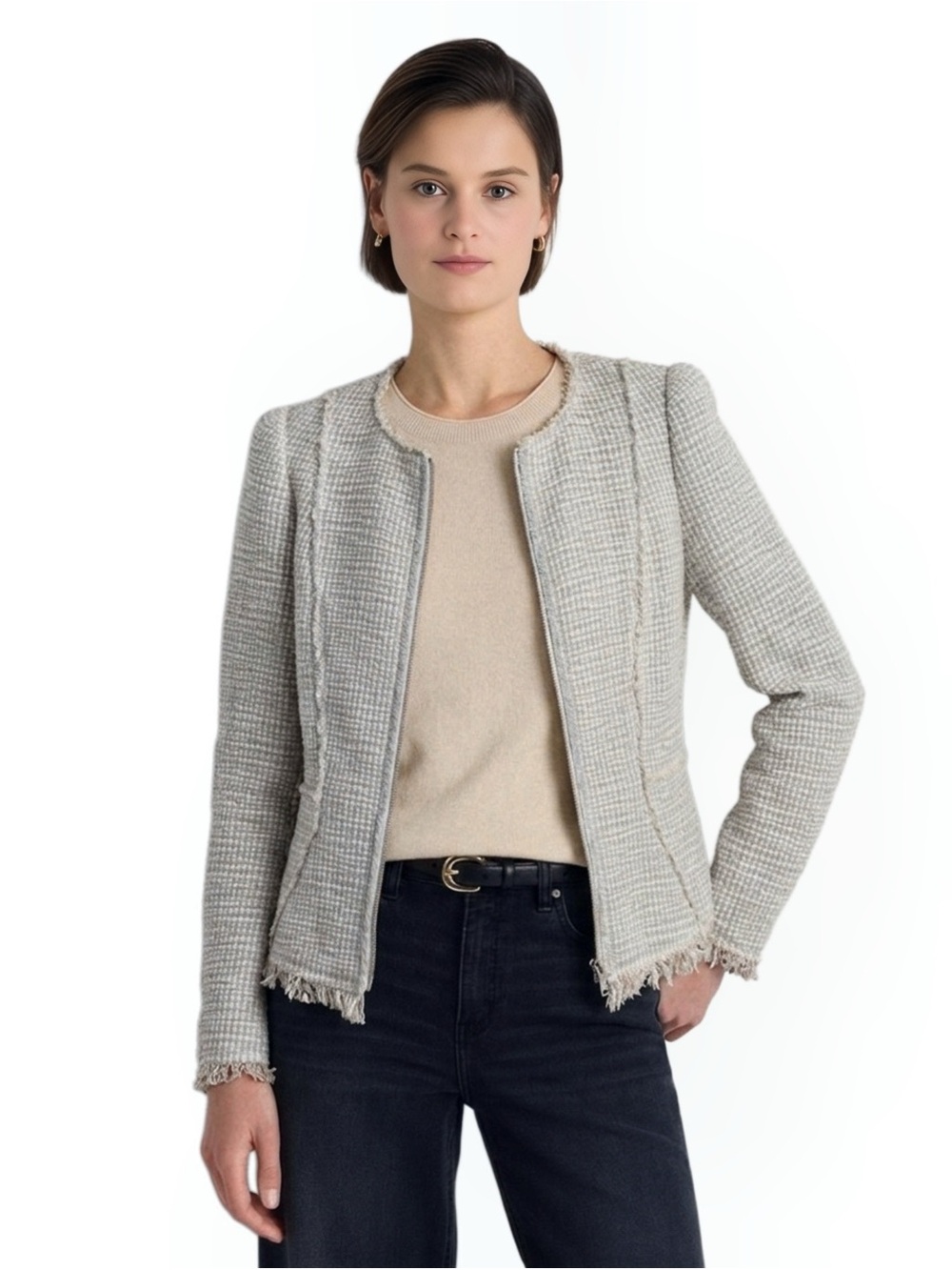 Rebecca Taylor Stretch Tweed Fringe Jacket — White/Gray/Silver — Size 4